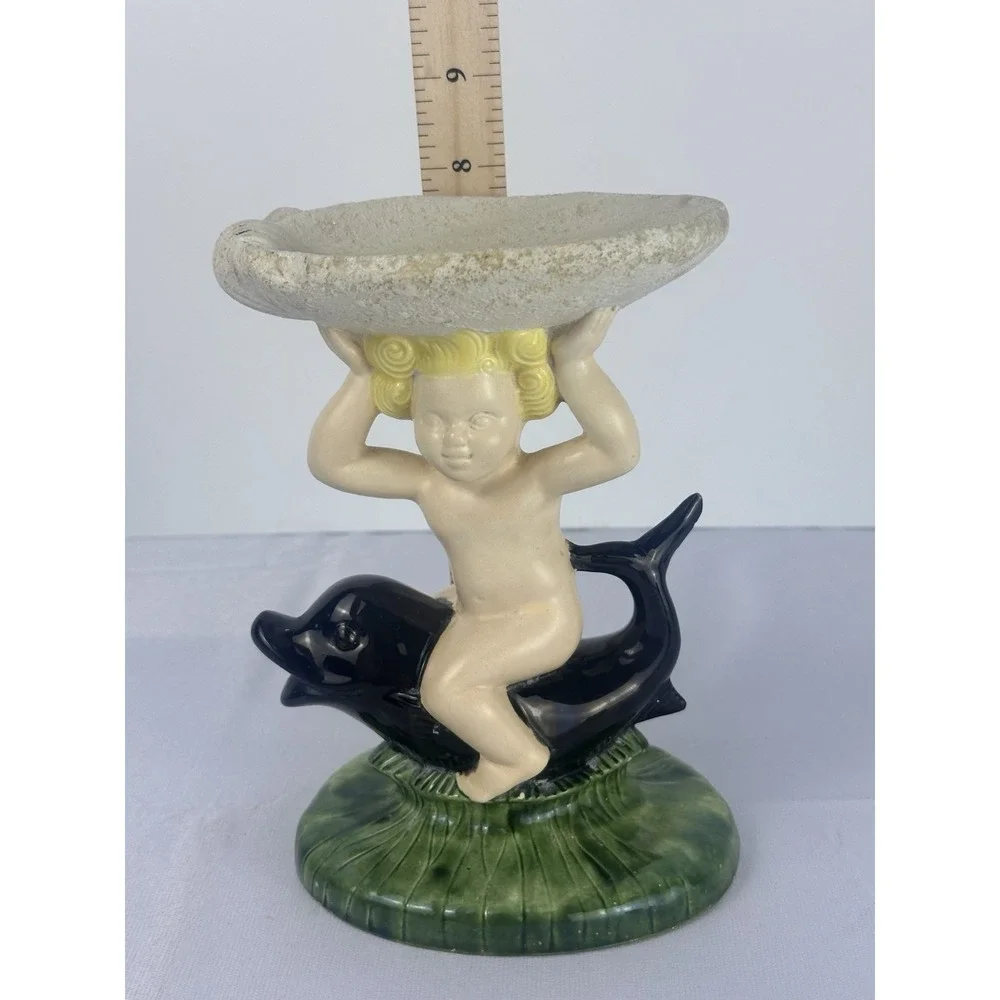 VTG Cherub Dolphin Soap Dish Ceramic Bathroom Vanity Tray Angel Shell Holder